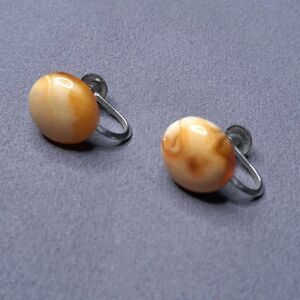 Vintage Amber Butterscotch Swirl Egg Yolk Cabochon Screwback Earrings XLNT